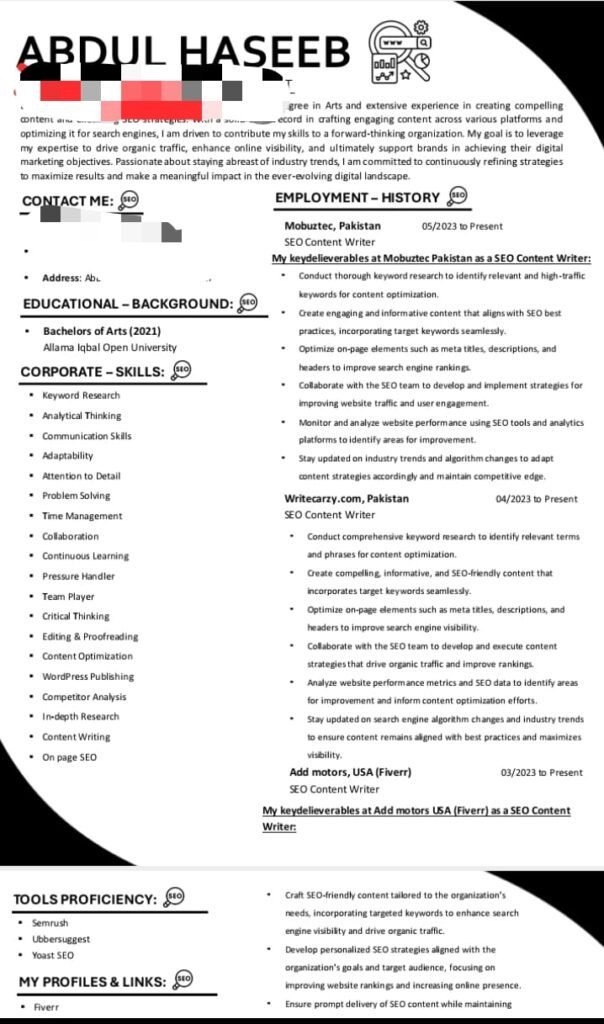 copywriting resume example 